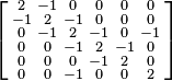 \left [\begin{smallmatrix}
2&-1&0&0&0&0\\
-1&2&-1&0&0&0\\
0&-1&2&-1&0&-1\\
0&0&-1&2&-1&0\\
0&0&0&-1&2&0\\
0&0&-1&0&0&2
\end{smallmatrix}\right ]