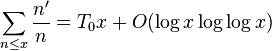  \sum_{n \le x} \frac{n'}{n} = T_0 x + O(\log x \log\log x) 