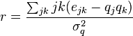 r = \frac{\sum_{jk}{jk (e_{jk} - q_j q_k)}}{\sigma_{q}^{2}}