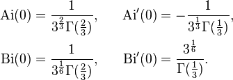 \begin{align}
 \mathrm{Ai}(0) &{}= \frac{1}{3^{\frac{2}{3}}\Gamma(\tfrac23)}, & \quad \mathrm{Ai}'(0) &{}= -\frac{1}{3^{\frac{1}{3}}\Gamma(\tfrac13)}, \\
 \mathrm{Bi}(0) &{}= \frac{1}{3^{\frac{1}{6}}\Gamma(\tfrac23)}, & \quad \mathrm{Bi}'(0) &{}= \frac{3^{\frac{1}{6}}}{\Gamma(\tfrac13)}.
\end{align}