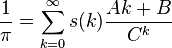 \frac{1}{\pi} = \sum_{k=0}^\infty s(k) \frac{Ak+B}{C^k}
