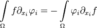  \int\limits_\Omega f\partial_{x_i}\mathbf\varphi_i = - \int\limits_\Omega \mathbf\varphi_i\partial_{x_i} f 