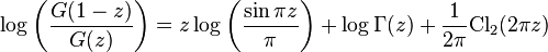  \log\left( \frac{G(1-z)}{G(z)} \right)= z\log\left(\frac{\sin\pi z}{\pi} 
\right)+\log\Gamma(z)+\frac{1}{2\pi}\text{Cl}_2(2\pi z) 