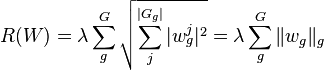 R(W)=\lambda \sum_g^G \sqrt{\sum_j^{|G_g|} |w_g^j|^2}=\lambda \sum_g^G \|w_g\|_g