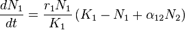  \frac{dN_1}{dt} = \frac{r_1N_1}{K_1}\left( K_1 - N_1 + \alpha_{12}N_2 \right) 