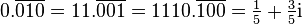 0.\overline{010} = 11.\overline{001} = 1110.\overline{100} = \tfrac15+\tfrac35\mathrm i