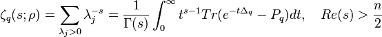 \zeta_q(s;\rho)=\sum_{\lambda_j >0}\lambda_j^{-s}=\frac{1}{\Gamma(s)}\int^\infty_0 t^{s-1}\mathop{Tr}(e^{-t\Delta_q} - P_q)dt,\ \ \ \mathop{Re}(s)>\frac{n}{2}