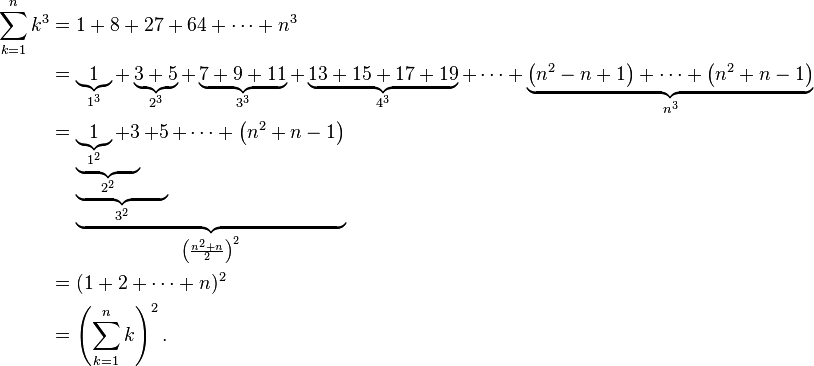 
\begin{align}
\sum_{k=1}^n k^3 &= 1 + 8 + 27 + 64 + \cdots + n^3 \\
&= \underbrace{1}_{1^3} + \underbrace{3+5}_{2^3} + \underbrace{7 + 9 + 11}_{3^3} + \underbrace{13 + 15 + 17 + 19}_{4^3} + \cdots + \underbrace{\left(n^2-n+1\right) + \cdots + \left(n^2+n-1\right)}_{n^3} \\
&= \underbrace{\underbrace{\underbrace{\underbrace{1}_{1^2} + 3}_{2^2} + 5}_{3^2} + \cdots + \left(n^2 + n - 1\right)}_{\left( \frac{n^{2}+n}{2} \right)^{2}} \\
&= (1 + 2 + \cdots + n)^2 \\
&= \left(\sum_{k=1}^n k\right)^2.
\end{align}