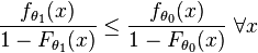 \frac{f_{\theta_1}(x)}{1-F_{\theta_1}(x)} \leq \frac{f_{\theta_0}(x)}{1-F_{\theta_0}(x)} \ \forall x 