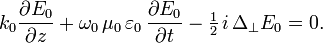 k_0 \frac{\partial E_0}{\partial z} + \omega_0\, \mu_0\, \varepsilon_0\, \frac{\partial E_0}{\partial t} - \tfrac12\, i\, \Delta_\perp E_0 = 0.