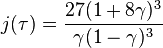 j(\tau) = \frac{27(1 + 8\gamma)^3}{\gamma(1 - \gamma)^3} 