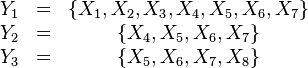 
\begin{matrix}
Y_{1} &=&\{X_{1},X_{2},X_{3},X_{4},X_{5},X_{6},X_{7}\} \\
Y_{2} &=&\{X_{4},X_{5},X_{6},X_{7}\} \\
Y_{3} &=&\{X_{5},X_{6},X_{7},X_{8}\} 
\end{matrix}
