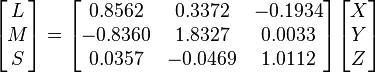 
\begin{bmatrix}
L\\M\\S
\end{bmatrix}
=
\begin{bmatrix}
0.8562 & 0.3372 & -0.1934 \\
-0.8360  & 1.8327 & 0.0033 \\
0.0357 & -0.0469 & 1.0112
\end{bmatrix}
\begin{bmatrix}
X\\Y\\Z
\end{bmatrix}
