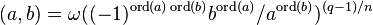  (a,b) = \omega((-1)^{\operatorname{ord}(a)\operatorname{ord}(b)}b^{\operatorname{ord}(a)}/a^{\operatorname{ord}(b)})^{(q-1)/n}