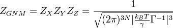 Z_{GNM}=Z_X Z_Y Z_Z = \frac{1}{\sqrt{(2\pi)^{3N} | \frac{k_B T}{\gamma} \Gamma^{-1}|^3}}