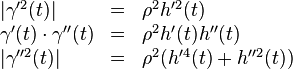 \begin{array}{lll}  |\gamma'^2(t)| &=& \rho^2 h'^2(t)  \\  \gamma'(t) \cdot \gamma''(t) &=& \rho^2 h'(t) h''(t)  \\  |\gamma''^2(t)| &=& \rho^2 (h'^4(t) + h''^2(t))  \end{array}