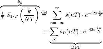 
\begin{align}
\overbrace{\tfrac{1}{T}\ S_{1/T}\left(\frac{k}{NT}\right)}^{S_k}\ &\stackrel{\text{def}}{=}\ \sum_{n=-\infty}^{\infty} s(nT)\cdot e^{-i 2\pi \frac{kn}{N}}\\
&\equiv \underbrace{\sum_{N} s_P(nT)\cdot e^{-i 2\pi \frac{kn}{N}}}_{\text{DFT}}\,
\end{align}
