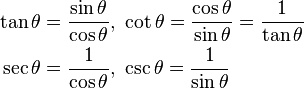 
\begin{align}
\tan\theta & = \frac{\sin\theta}{\cos\theta},\ \cot\theta = \frac{\cos\theta}{\sin\theta} = \frac{1}{\tan\theta} \\
\sec\theta & = \frac{1}{\cos\theta},\ \csc\theta = \frac{1}{\sin\theta}
\end{align}
