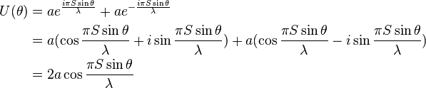 
\begin{align}
U(\theta) 
&= a e^{\frac { i\pi S \sin \theta }{\lambda}} + a e^{- \frac {  i \pi S \sin \theta} {\lambda}}\\
&=a (\cos {\frac { \pi S \sin \theta }{\lambda}} +i \sin {\frac { \pi S \sin \theta }{\lambda}} )+a (\cos {\frac { \pi S \sin \theta }{\lambda}} -i \sin {\frac { \pi S \sin \theta }{\lambda}} )\\
&=2a \cos {\frac { \pi S \sin \theta }{\lambda}}
\end{align}

