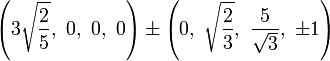 \left(3\sqrt{\frac{2}{5}},\ 0,\ 0,\ 0\right) \pm \left(0,\ \sqrt{\frac{2}{3}},\ \frac{5}{\sqrt{3}},\  \pm1\right)