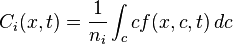 C_i(x,t)=\frac{1}{n_i}\int_c c f(x,c,t) \, dc