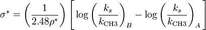\sigma^* = \left( \frac{1}{2.48\rho^*} \right )\Bigg[\log\left( \frac{k_s}{k_{\text{CH3}}} \right )_B - \log\left( \frac{k_s}{k_{\text{CH3}}} \right )_A \Bigg]
