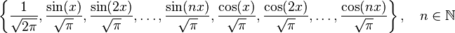 \left\{ \frac{1}{\sqrt{2\pi}}, \frac{\sin(x)}{\sqrt{\pi}}, \frac{\sin(2x)}{\sqrt{\pi}}, \ldots, \frac{\sin(nx)}{\sqrt{\pi}}, \frac{\cos(x)}{\sqrt{\pi}}, \frac{\cos(2x)}{\sqrt{\pi}}, \ldots, \frac{\cos(nx)}{\sqrt{\pi}} \right\}, \quad n \in \mathbb{N}