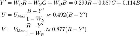 \begin{align}
  Y' &= W_R R + W_G G + W_B B = 0.299 R + 0.587 G + 0.114 B \\
   U &= U_\text{Max} \frac{B - Y'}{1 - W_B} \approx 0.492(B - Y') \\
   V &= V_\text{Max} \frac{R - Y'}{1 - W_R} \approx 0.877(R - Y')
\end{align}