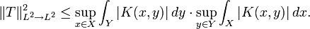 
\Vert T\Vert^2_{L^2\to L^2}\le
\sup_{x\in X}\int_Y|K(x,y)| \, dy
\cdot
\sup_{y\in Y}\int_X|K(x,y)| \, dx.
