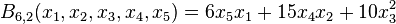 B_{6,2}(x_1,x_2,x_3,x_4,x_5)=6x_5x_1+15x_4x_2+10x_3^2