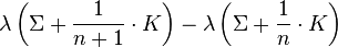 \lambda\left(\Sigma+\frac{1}{n+1}\cdot K\right)-\lambda\left(\Sigma+\frac{1}{n}\cdot K\right)