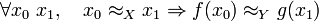 \forall x_0 \; x_1, \quad x_0 \approx_X x_1 \Rightarrow f(x_0) \approx_Y g(x_1)