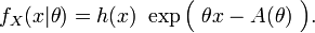  f_X(x| \theta) = h(x)\ \exp\Big(\ \theta x - A(\theta)\ \Big) \,\! .