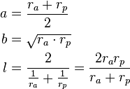 \begin{align}a &= \frac{r_{a}+r_{p}}{2}\\
b &= \sqrt{r_{a}\cdot r_{p}}\\
l &= \frac{2}{\frac{1}{r_{a}}+\frac{1}{r_{p}}}=\frac{2r_{a}r_{p}}{r_{a}+r_{p}}\end{align}