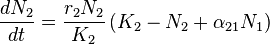  \frac{dN_2}{dt} = \frac{r_2N_2}{K_2}\left( K_2 - N_2 + \alpha_{21}N_1 \right) 