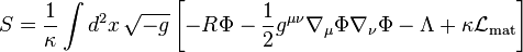 S = \frac{1}{\kappa}\int d^2x\, \sqrt{-g}\left[ -R\Phi - \frac{1}{2} g^{\mu \nu} \nabla_{\mu} \Phi \nabla_{\nu} \Phi - \Lambda + \kappa\mathcal{L}_{\text{mat}} \right]