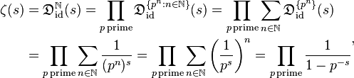 \begin{align}\zeta(s) &= \mathfrak{D}^{\mathbb{N}}_{\mathrm{id}}(s)
                = \prod_{p\,\mathrm{prime}} \mathfrak{D}^{\{p^n : n \in \mathbb{N}\}}_{\mathrm{id}}(s)
                = \prod_{p\,\mathrm{prime}} \sum_{n \in \mathbb{N}}  \mathfrak{D}^{\{p^n\}}_{\mathrm{id}}(s) \\
                &= \prod_{p\,\mathrm{prime}} \sum_{n \in \mathbb{N}} \frac{1}{(p^n)^s}
                = \prod_{p\,\mathrm{prime}} \sum_{n \in \mathbb{N}} \left(\frac{1}{p^s}\right)^n
                = \prod_{p\,\mathrm{prime}} \frac{1}{1-p^{-s}} \end{align},