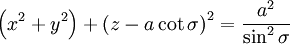 
\left( x^{2} + y^{2} \right) +
\left( z - a \cot \sigma \right)^{2} = \frac{a^{2}}{\sin^{2} \sigma}
