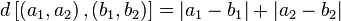 d\left[\left(a_1, a_2\right), \left(b_1, b_2\right)\right] = \left|a_1 - b_1\right| + \left|a_2 - b_2\right|