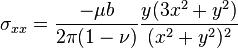  \sigma_{xx} = \frac {-\mu b} {2 \pi (1-\nu)} \frac {y(3x^2 +y^2)} {(x^2 +y^2)^2}