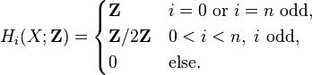 H_i(X; \mathbf{Z}) =
\begin{cases}
\mathbf{Z} & i = 0 \mbox{ or } i = n \mbox{ odd,}\\
\mathbf{Z}/2\mathbf{Z} & 0<i<n,\ i\ \mbox{odd,}\\
0 & \mbox{else.}
\end{cases}