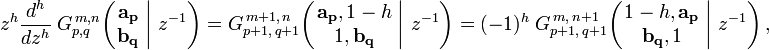 
z^h \frac{d^h}{dz^h} \; G_{p,q}^{\,m,n} \!\left( \left. \begin{matrix} \mathbf{a_p} \\ \mathbf{b_q} \end{matrix} \; \right| \, z^{-1} \right) =
G_{p+1,\,q+1}^{\,m+1,\,n} \!\left( \left. \begin{matrix} \mathbf{a_p}, 1-h \\ 1, \mathbf{b_q} \end{matrix} \; \right| \, z^{-1} \right) =
(-1)^h \; G_{p+1,\,q+1}^{\,m,\,n+1} \!\left( \left. \begin{matrix} 1-h, \mathbf{a_p} \\ \mathbf{b_q}, 1 \end{matrix} \; \right| \, z^{-1} \right),
