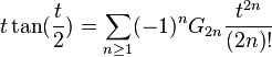 
 t\tan(\frac{t}{2})=\sum_{n\geq 1} (-1)^n G_{2n}\frac{t^{2n}}{(2n)!}
