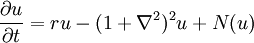 
\frac{\partial u}{\partial t} = r u - (1+\nabla^2)^2u + N(u)
