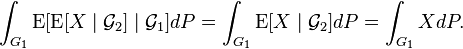 
   \int_{G_1} \operatorname{E}[ \operatorname{E}[X \mid \mathcal{G}_2] \mid \mathcal{G}_1] dP
= \int_{G_1} \operatorname{E}[X \mid \mathcal{G}_2] dP 
= \int_{G_1} X dP.
