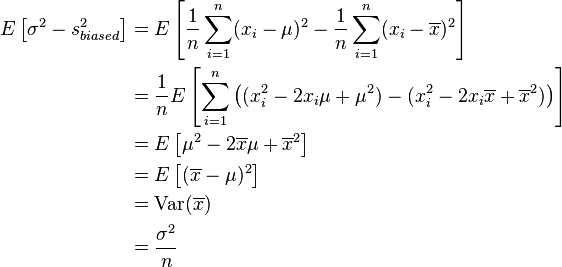 
\begin{align} 
E \left[ \sigma^2 - s_{biased}^2 \right] &= E\left[ \frac{1}{n}\sum_{i=1}^n(x_i - \mu)^2 - \frac{1}{n}\sum_{i=1}^n (x_i - \overline{x})^2 \right] \\
&= \frac{1}{n} E\left[ \sum_{i=1}^n\left((x_i^2 - 2 x_i \mu + \mu^2) - (x_i^2 - 2 x_i \overline{x} + \overline{x}^2)\right) \right] \\
&= E\left[  \mu^2 - 2 \overline{x} \mu + \overline{x}^2 \right] \\
&= E\left[  (\overline{x}   - \mu)^2 \right] \\
&= \text{Var} (\overline{x}) \\
&= \frac{\sigma^2}{n}
\end{align}
