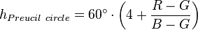 h_{Preucil\ circle} = 60^{\circ} \cdot \left( 4 + \frac{R - G}{B - G}\right)