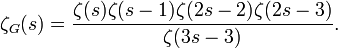 
\zeta_G(s) = \frac{\zeta(s)\zeta(s-1)\zeta(2s-2)\zeta(2s-3)}{\zeta(3s-3)}.
