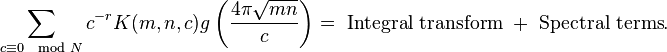 \sum_{c\equiv 0 \mod N} c^{-r} K(m,n,c) g\left(\frac{4\pi \sqrt{mn}}{c}\right) = \text{ Integral transform }\ +\ \text{ Spectral terms}.