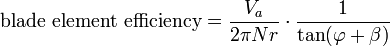 \mbox{blade element efficiency} = \frac{V_a}{2\pi Nr}\cdot\frac{1}{\tan(\varphi+\beta)}